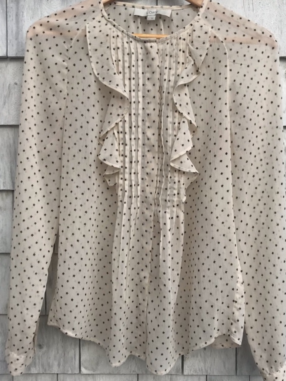 Loft Women’s Cream Ruffle Front Blouse with Black Dot Print